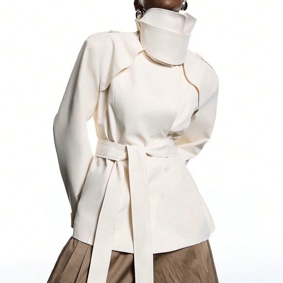 Beige Futuristic Women's Wide-Shoulder Moto Jacket